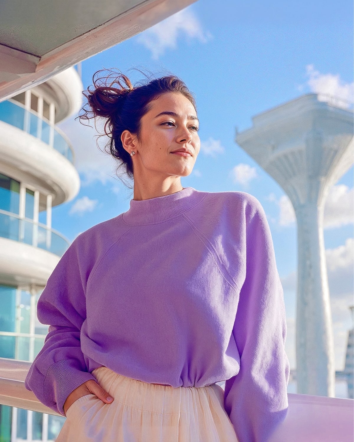 En person i en lilla trøje står udenfor med moderne arkitektur i baggrunden. Skyfri himmel.