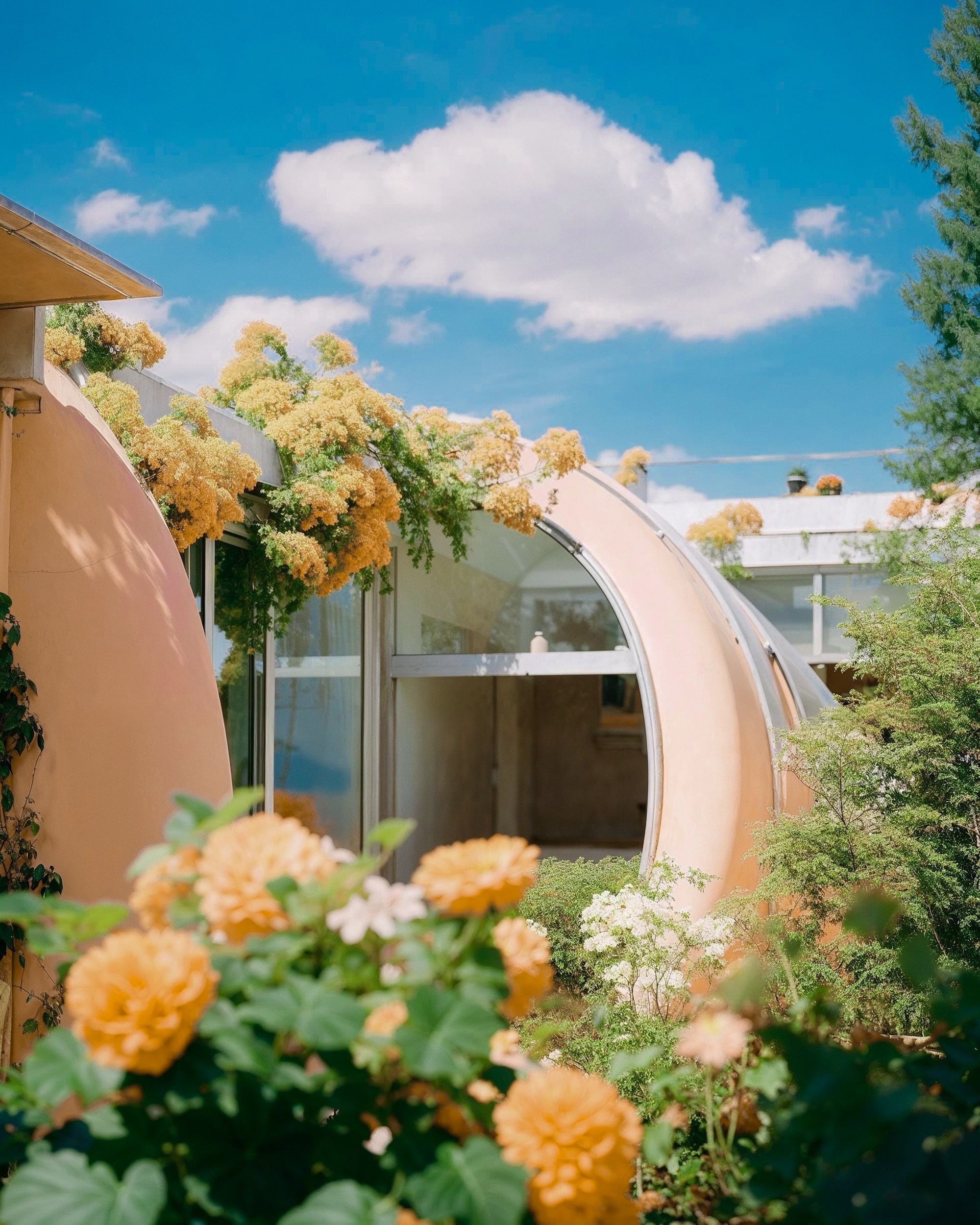 A curved building with yellow flowers and greenery against a bright blue sky with clouds.